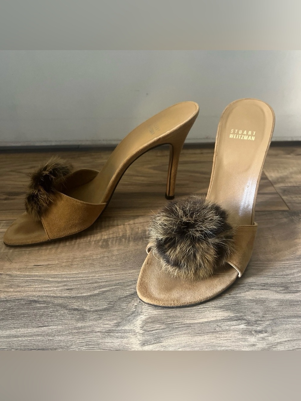 Rare Stuart Weitzman Suede Fur Pom-Pom Stiletto Suede Slide Heels